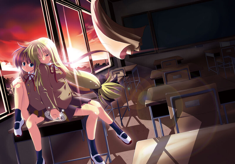 Students in a classroom at sunset