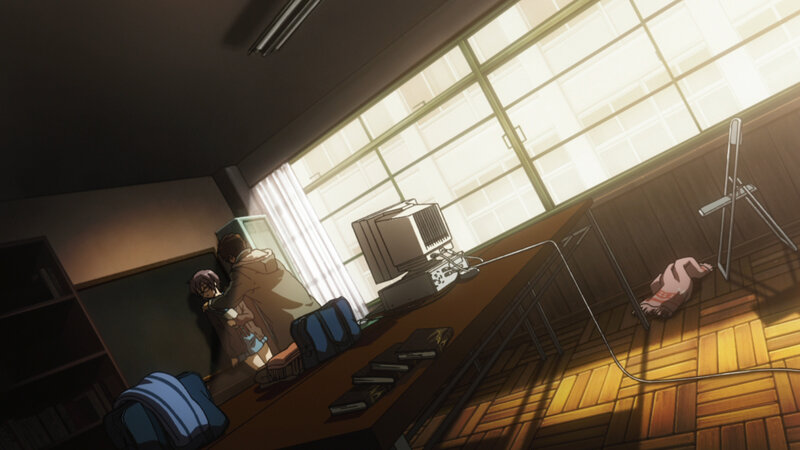 Students in a classroom at sunset