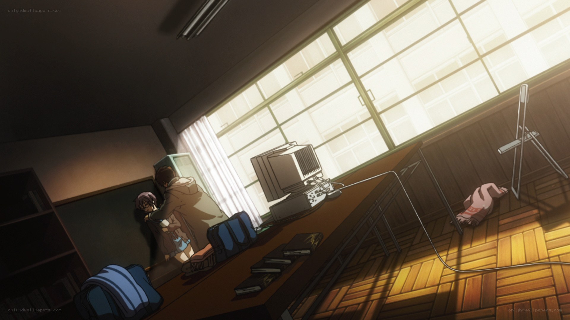 Students in a classroom at sunset