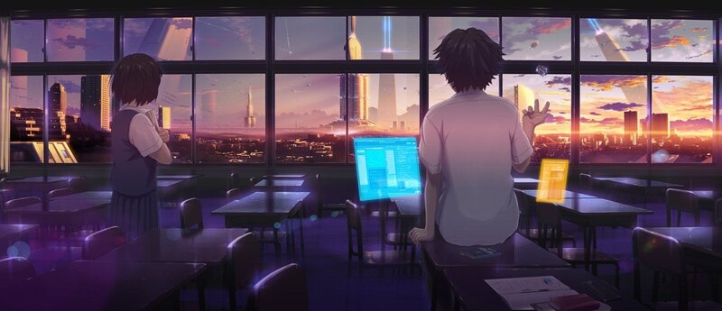 Students in a classroom at sunset