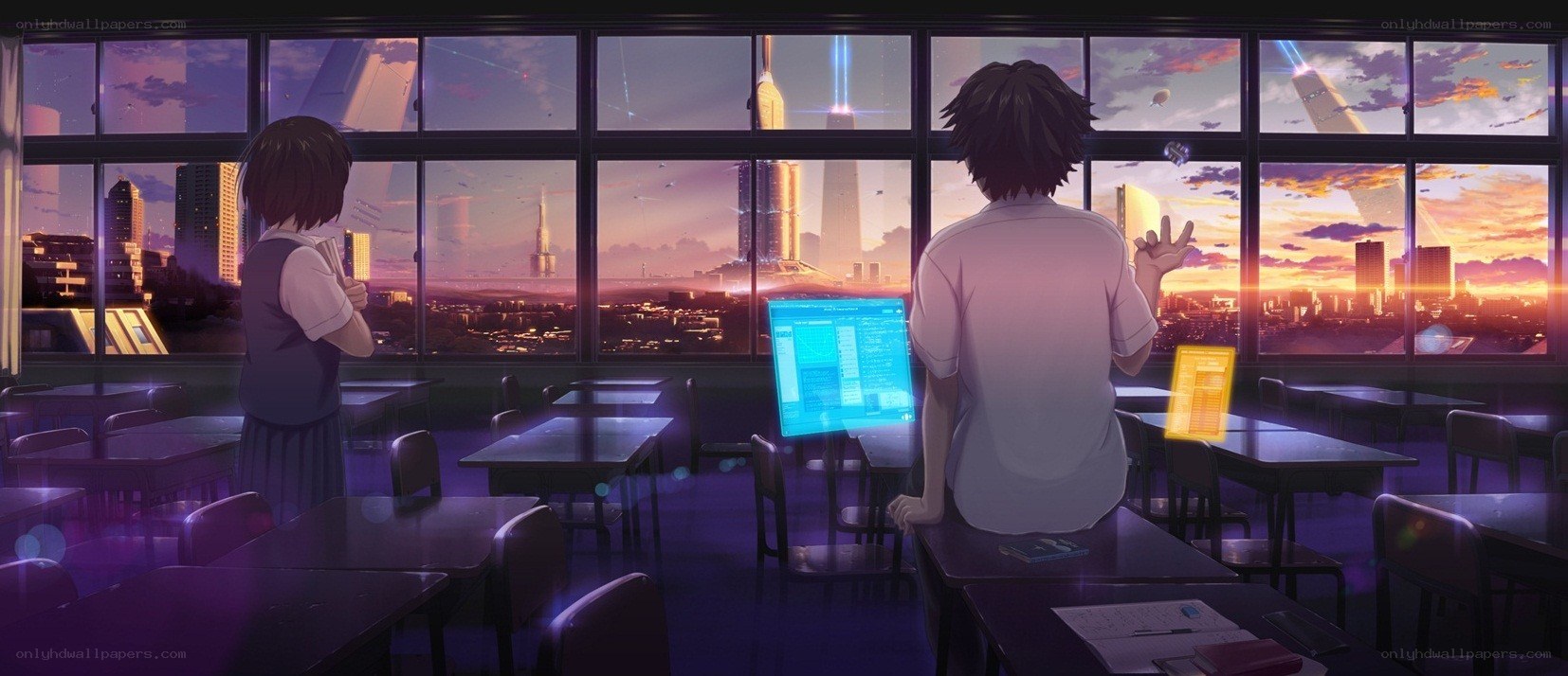 Students in a classroom at sunset