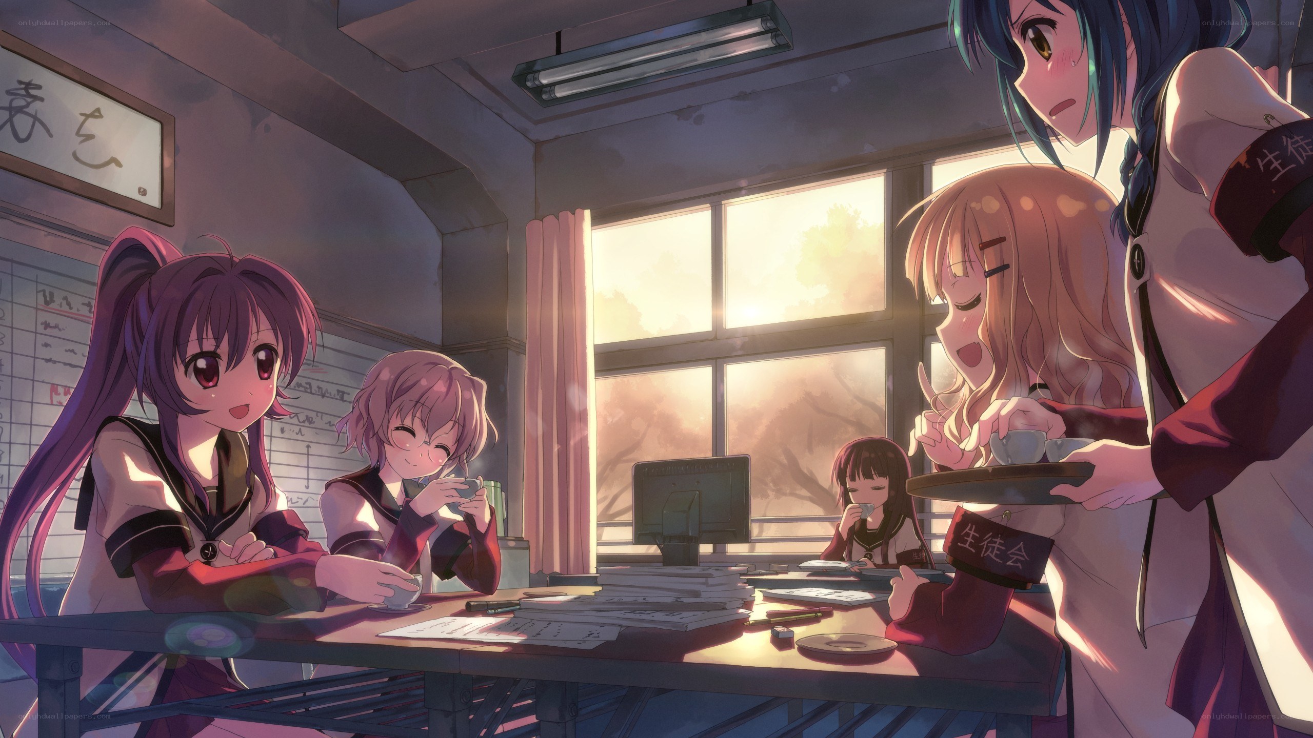 Students in a classroom at sunset