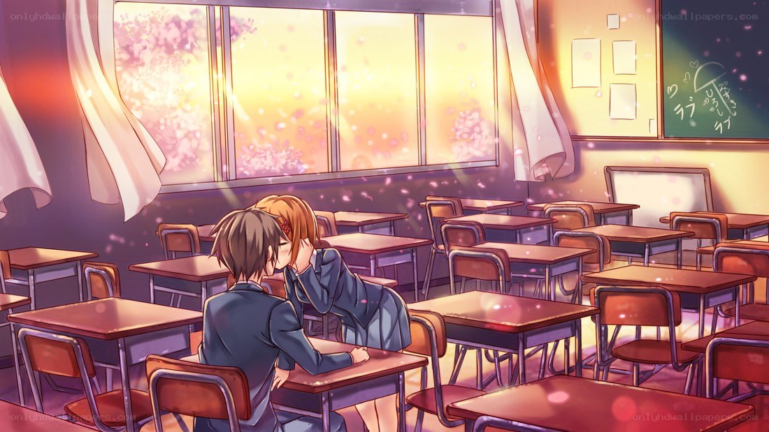 Students in a classroom at sunset