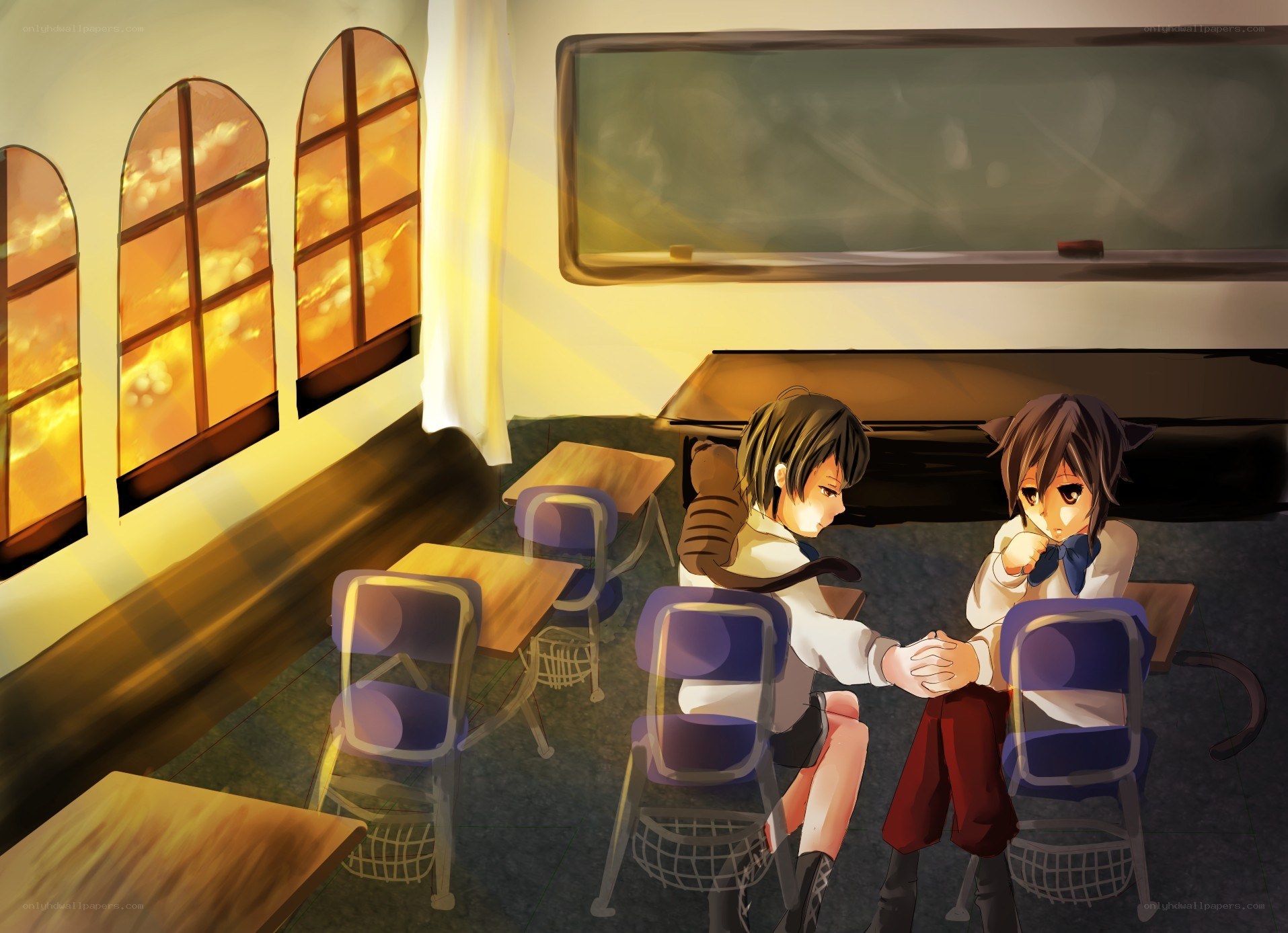 Students in a classroom at sunset