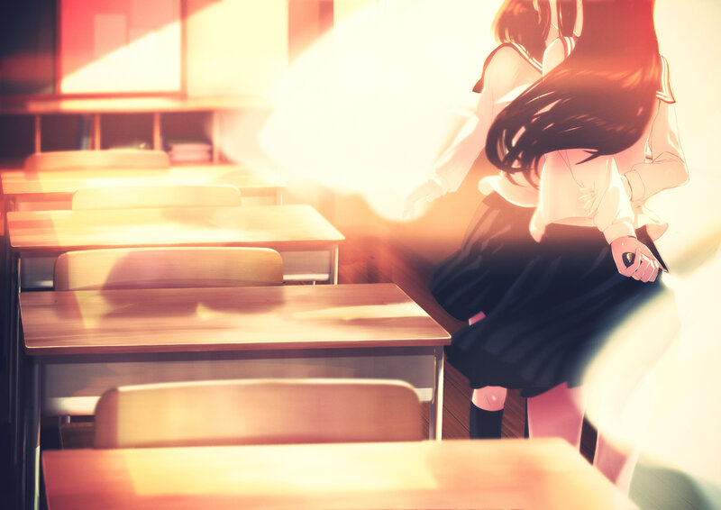 Students in a classroom at sunset