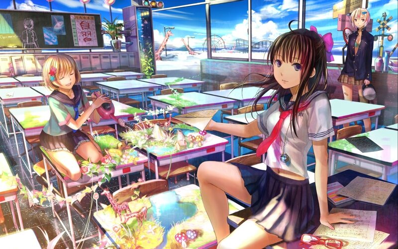 Students in a classroom with fantasy elements