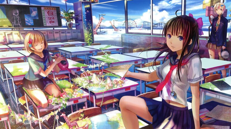 Students in a classroom with fantasy elements