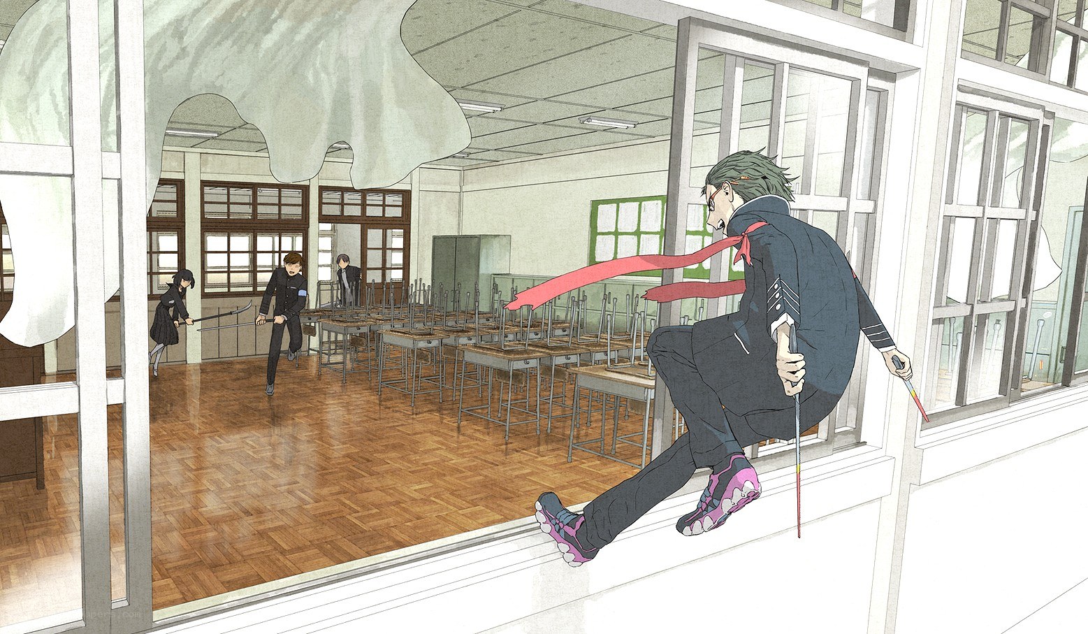 Students in a classroom with weapons