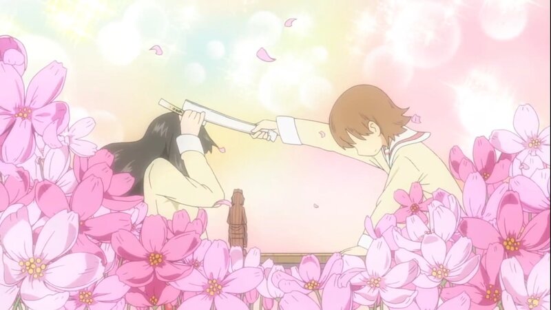 students in a flower field