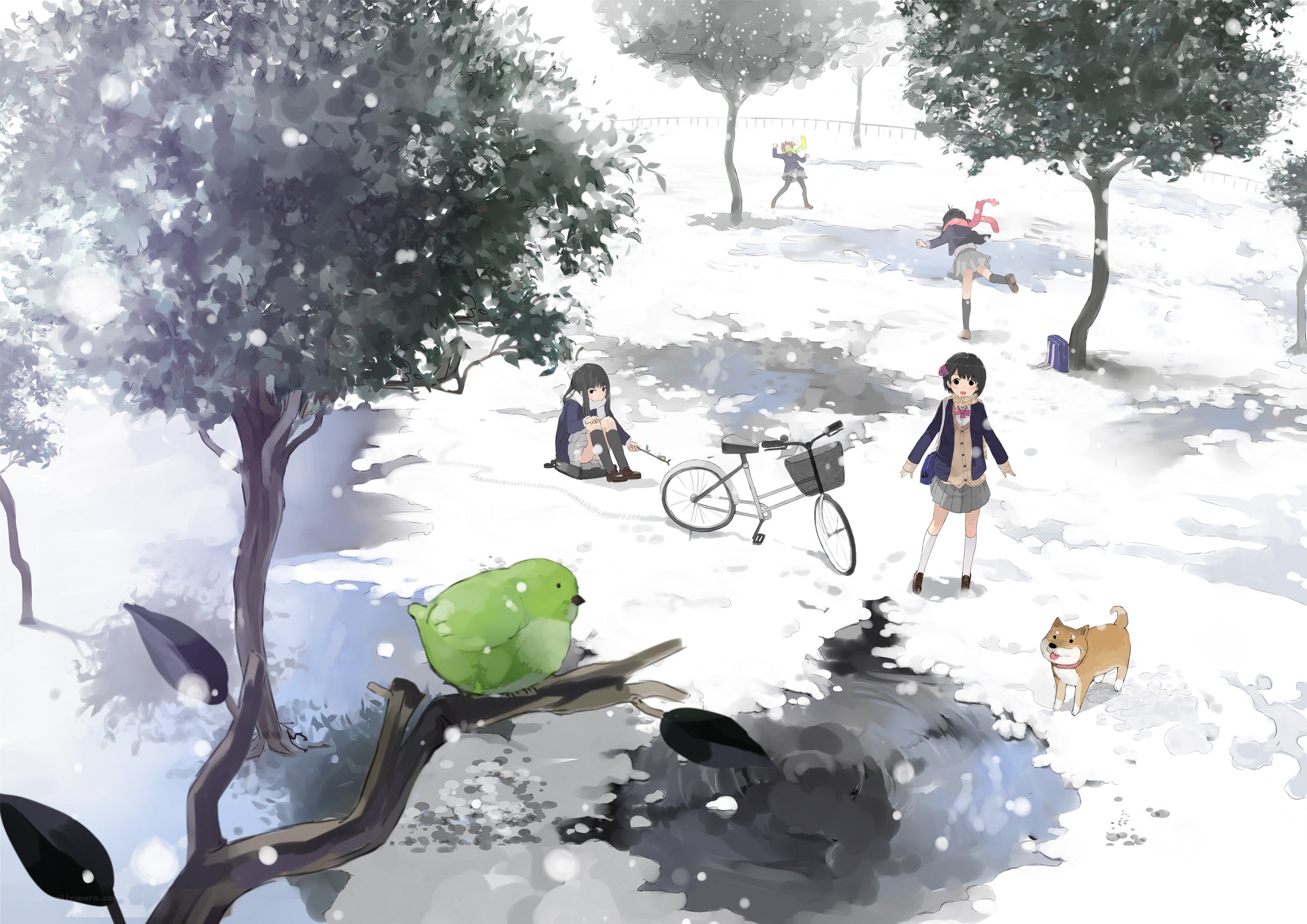 Students in a snowy park