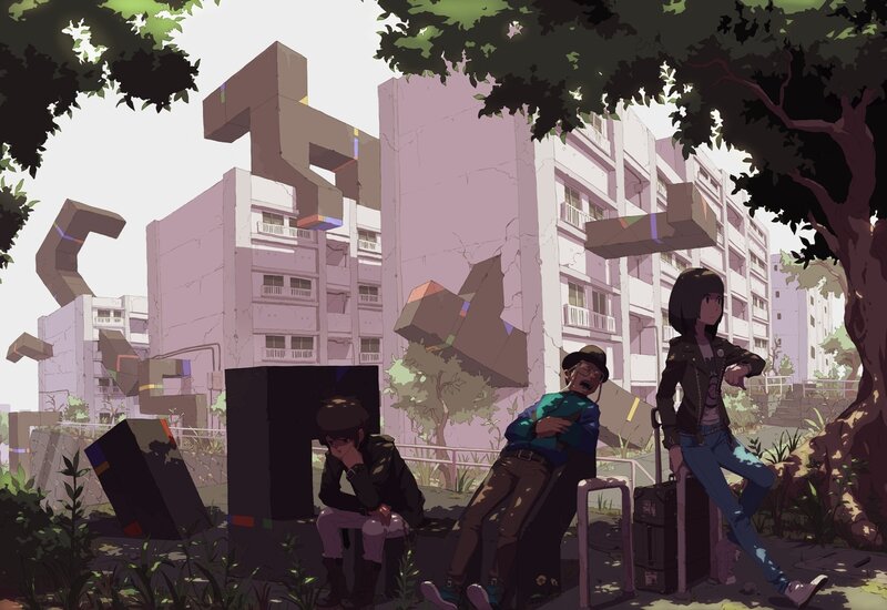 Students in a surreal city