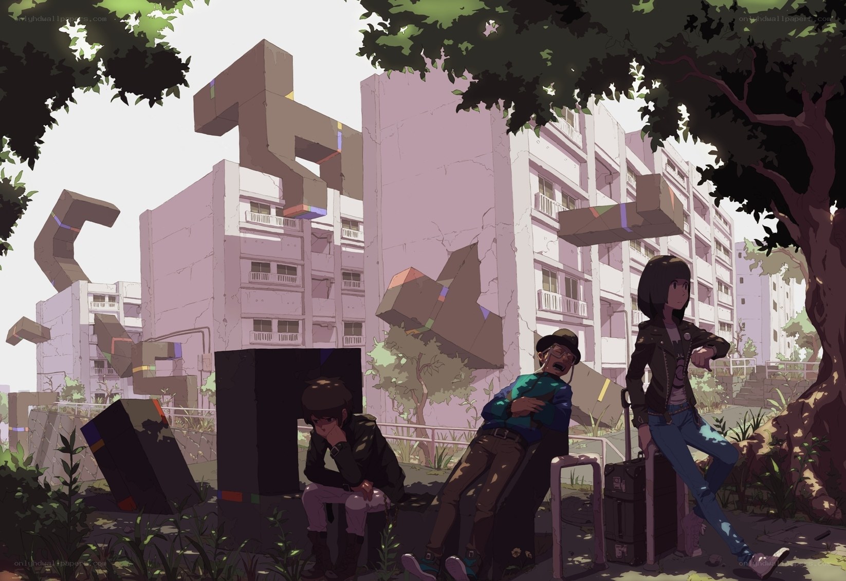Students in a surreal city