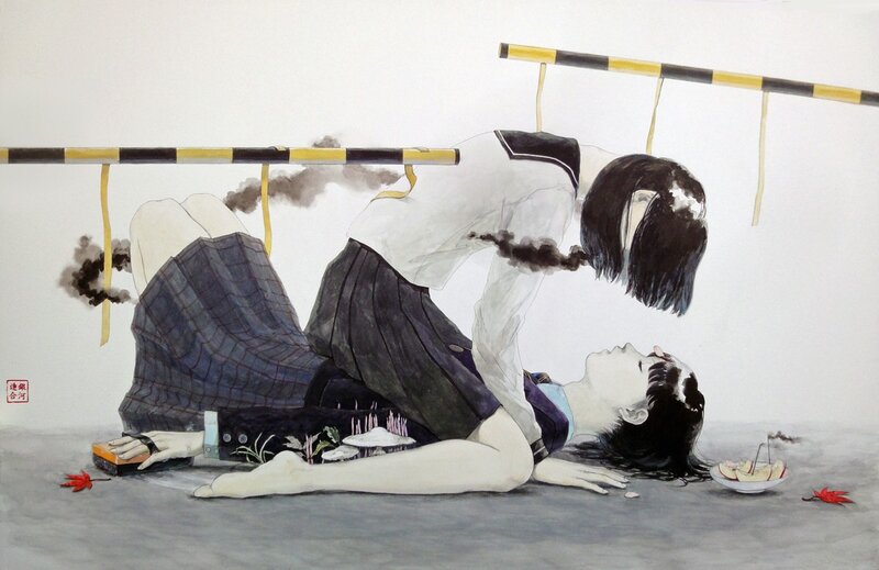 Students in a surreal scene
