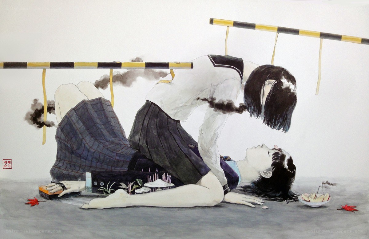 Students in a surreal scene