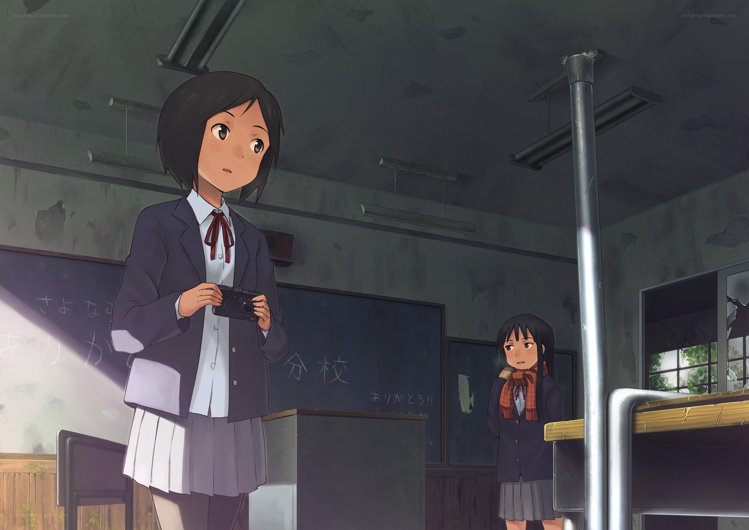 Students in an abandoned classroom