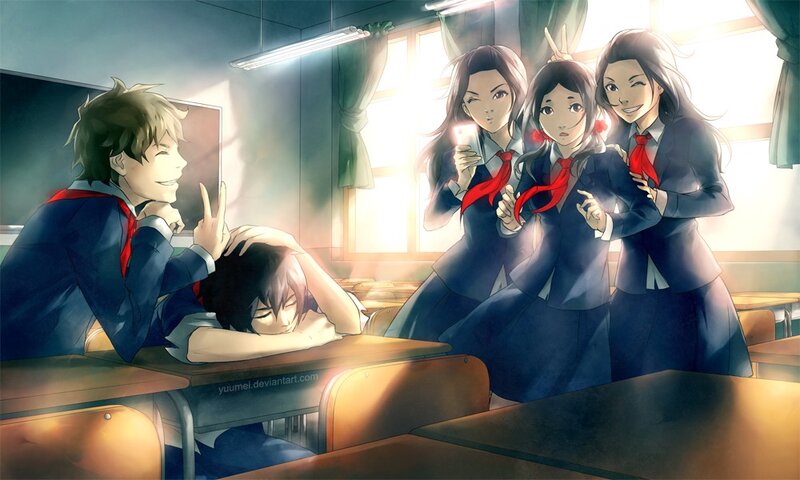 Students in Classroom — Blue, Dramatic, Afternoon, Anime