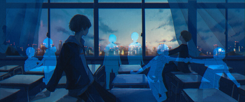 Students in Classroom — Blue, Melancholic