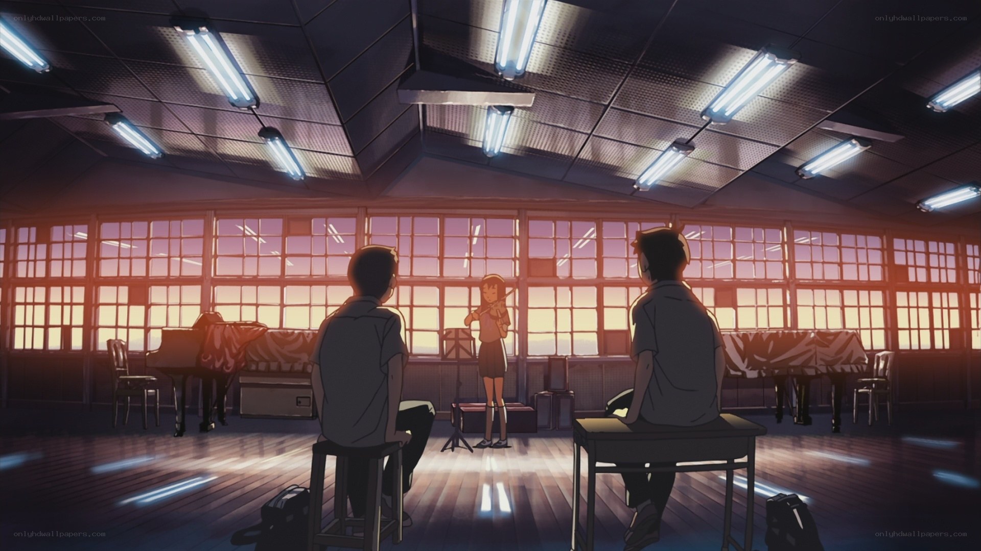 Students in music room at sunset