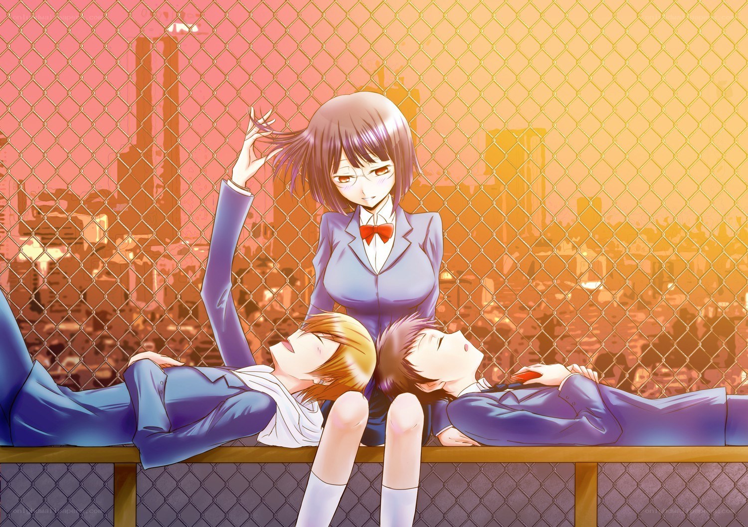 Students on a bench at sunset