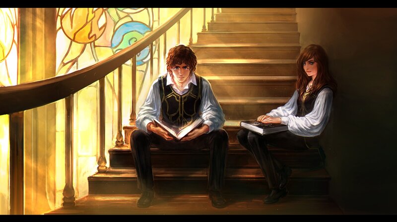 Students studying on stairs