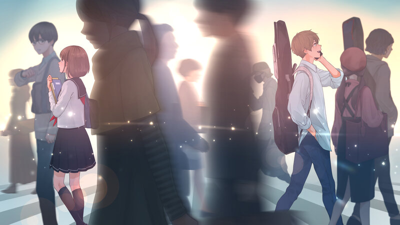 Students Walking at Sunset — Blue
