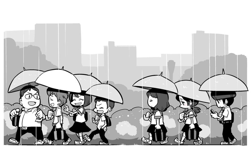 Students walking in the rain