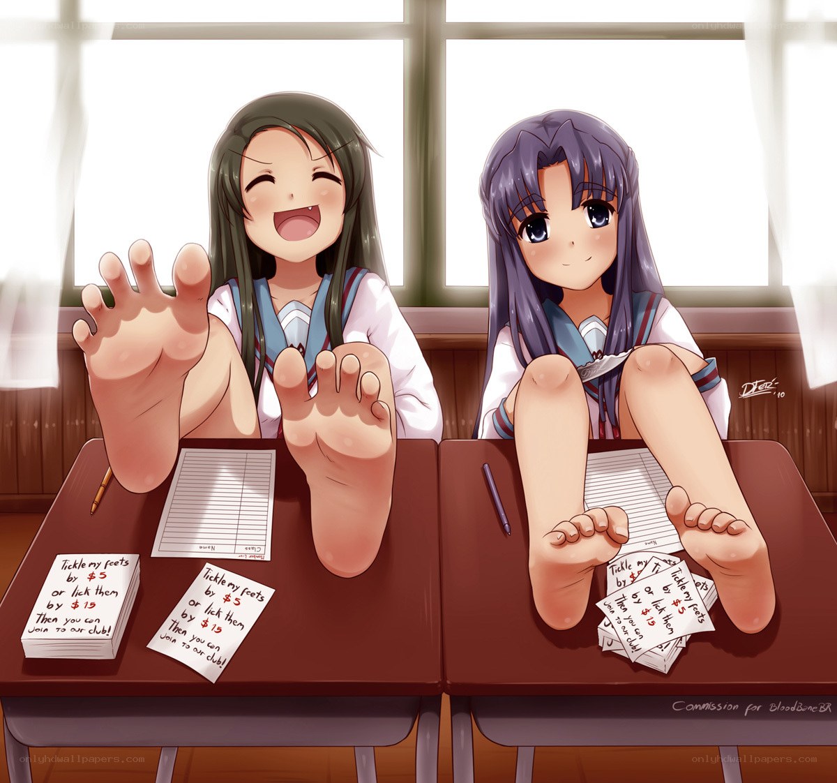 Students with foot service signs