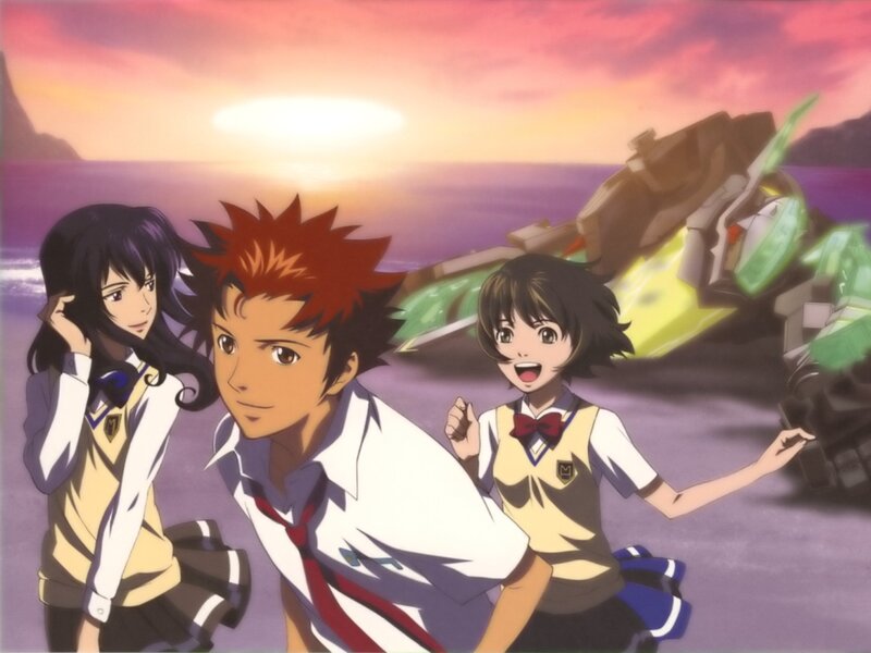 Students with mecha at sunset
