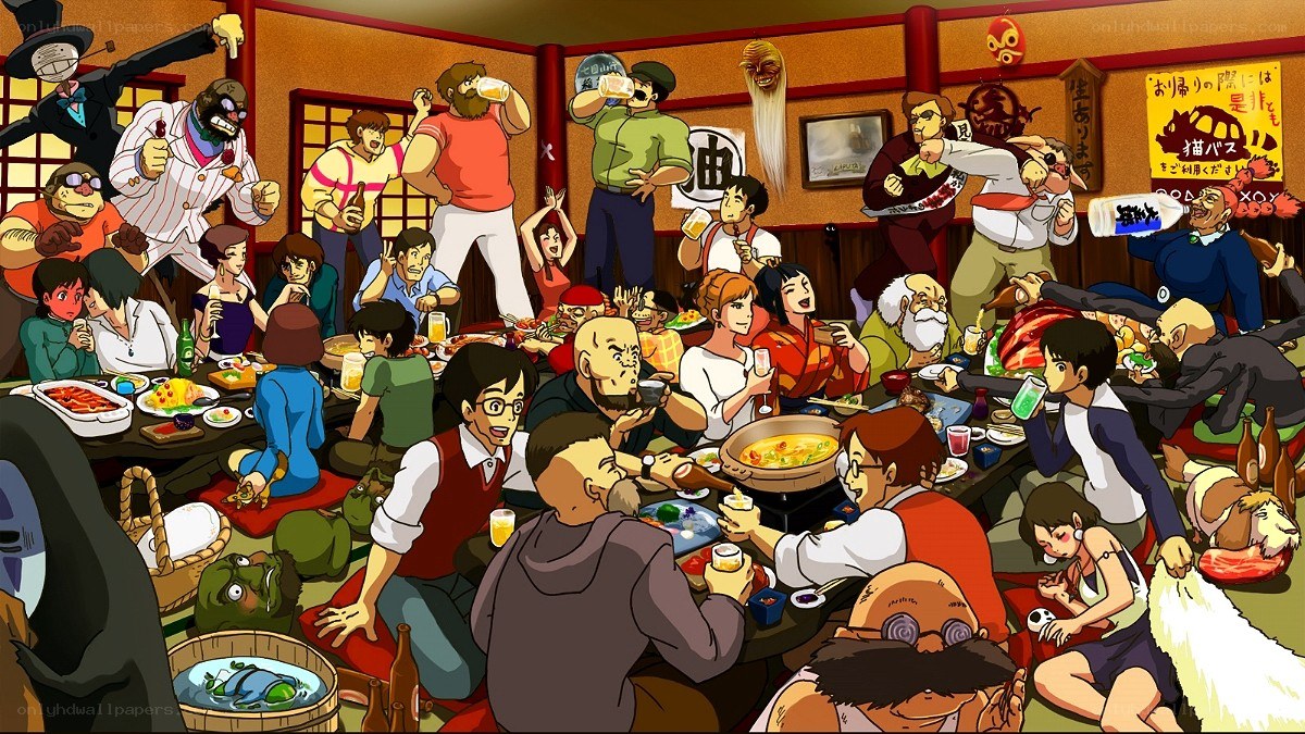 Studio Ghibli characters at a party