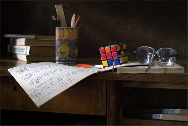 Study desk with Rubik's cube