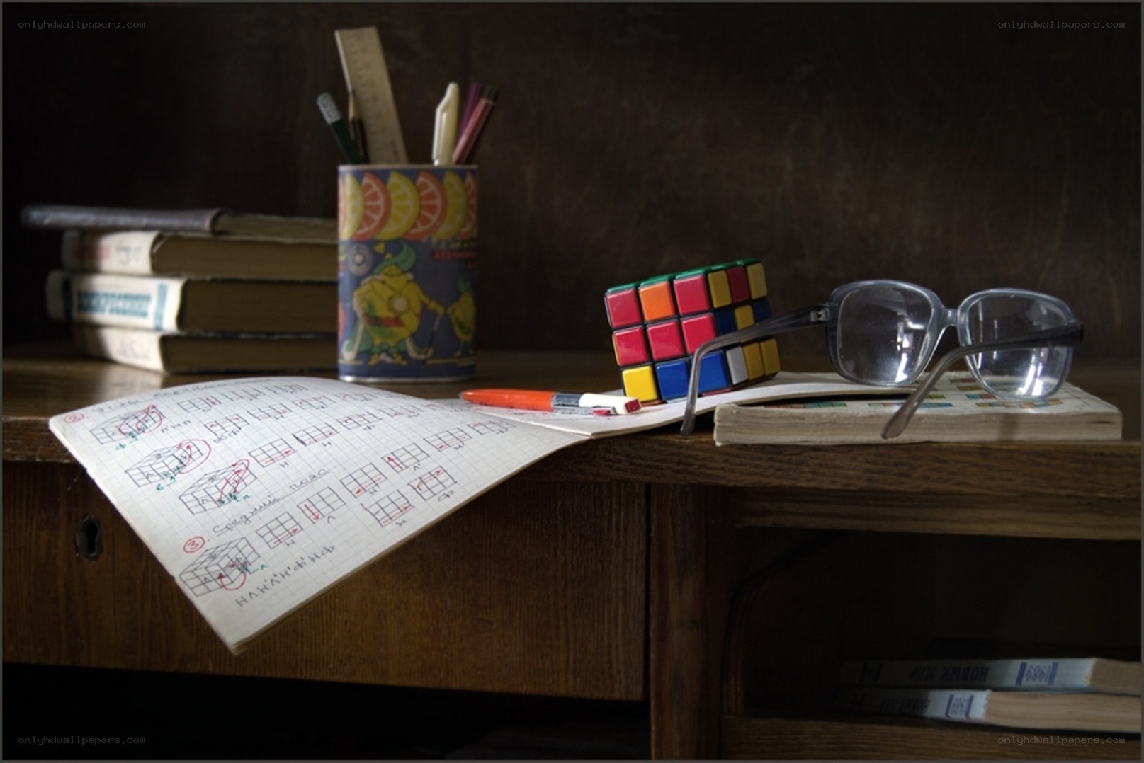 Study desk with Rubik's cube