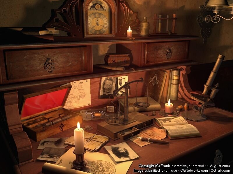 study desk with vintage items