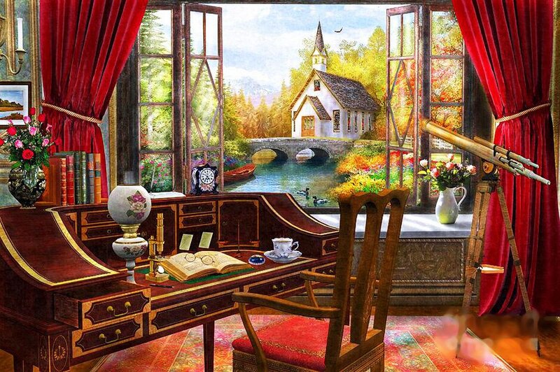 Study with Church View — Red, Serene, Autumn