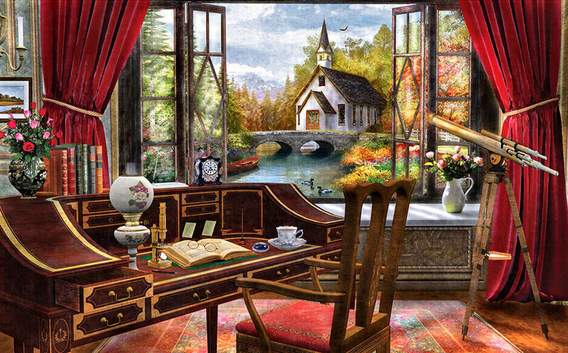 Study with Church View — Red, Serene