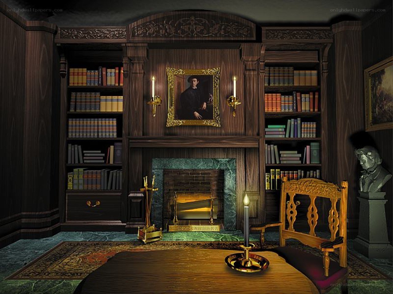 study with fireplace and bookshelves
