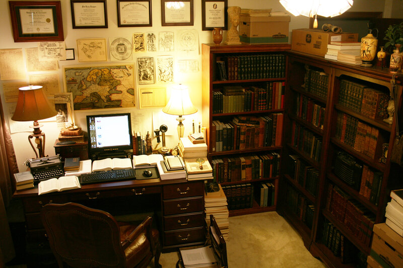 study with vintage desk and bookshelves