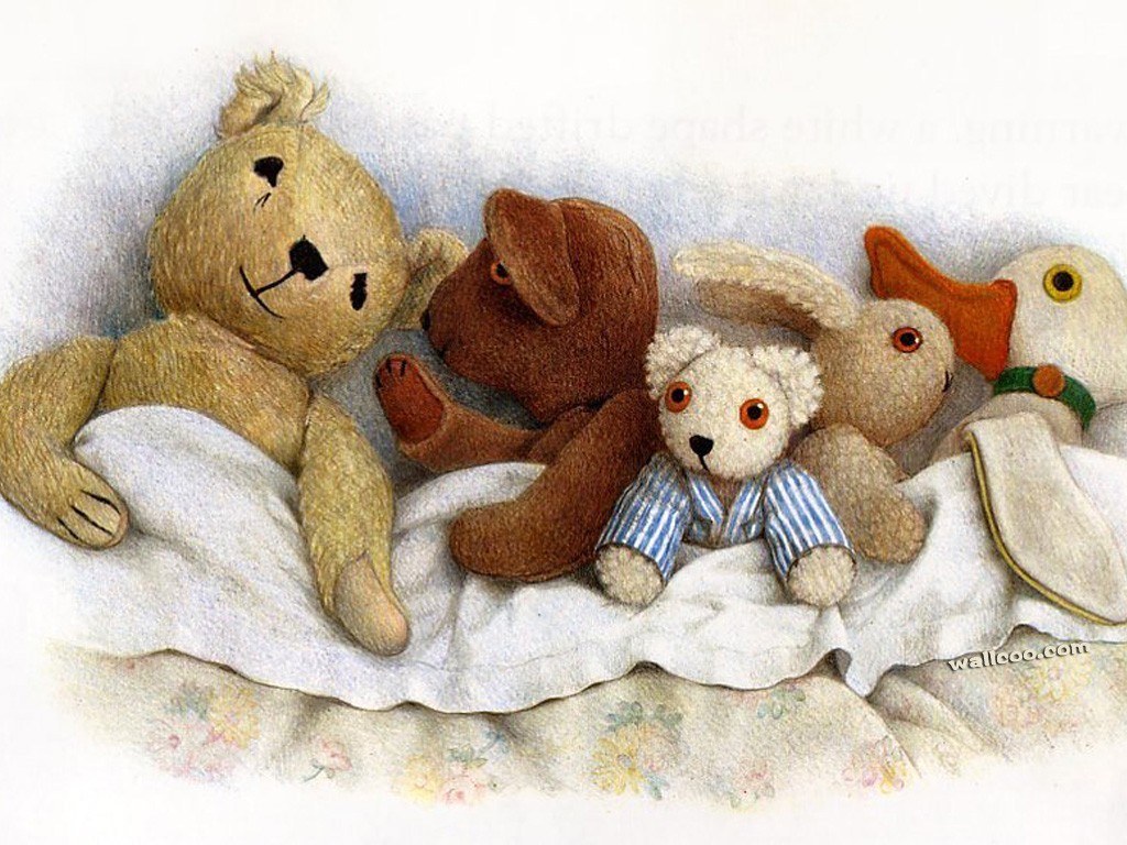 Stuffed animals in bed