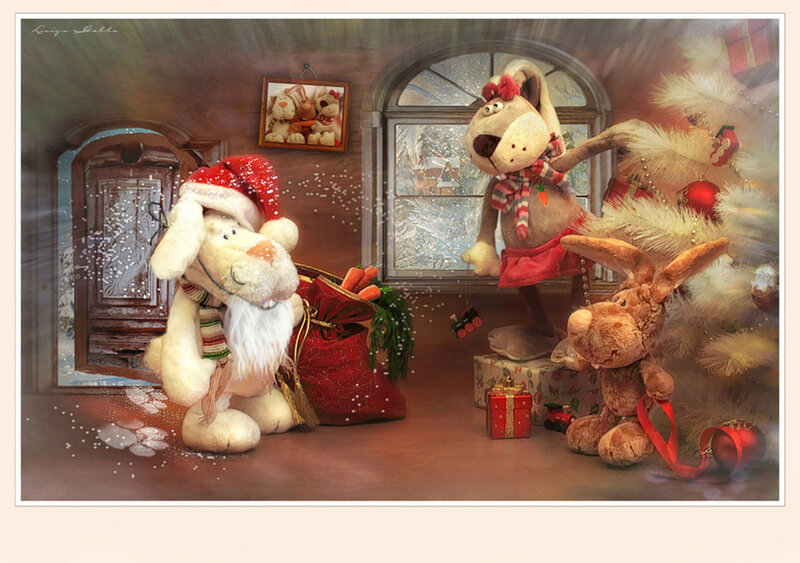 Stuffed Animals in Christmas Scene