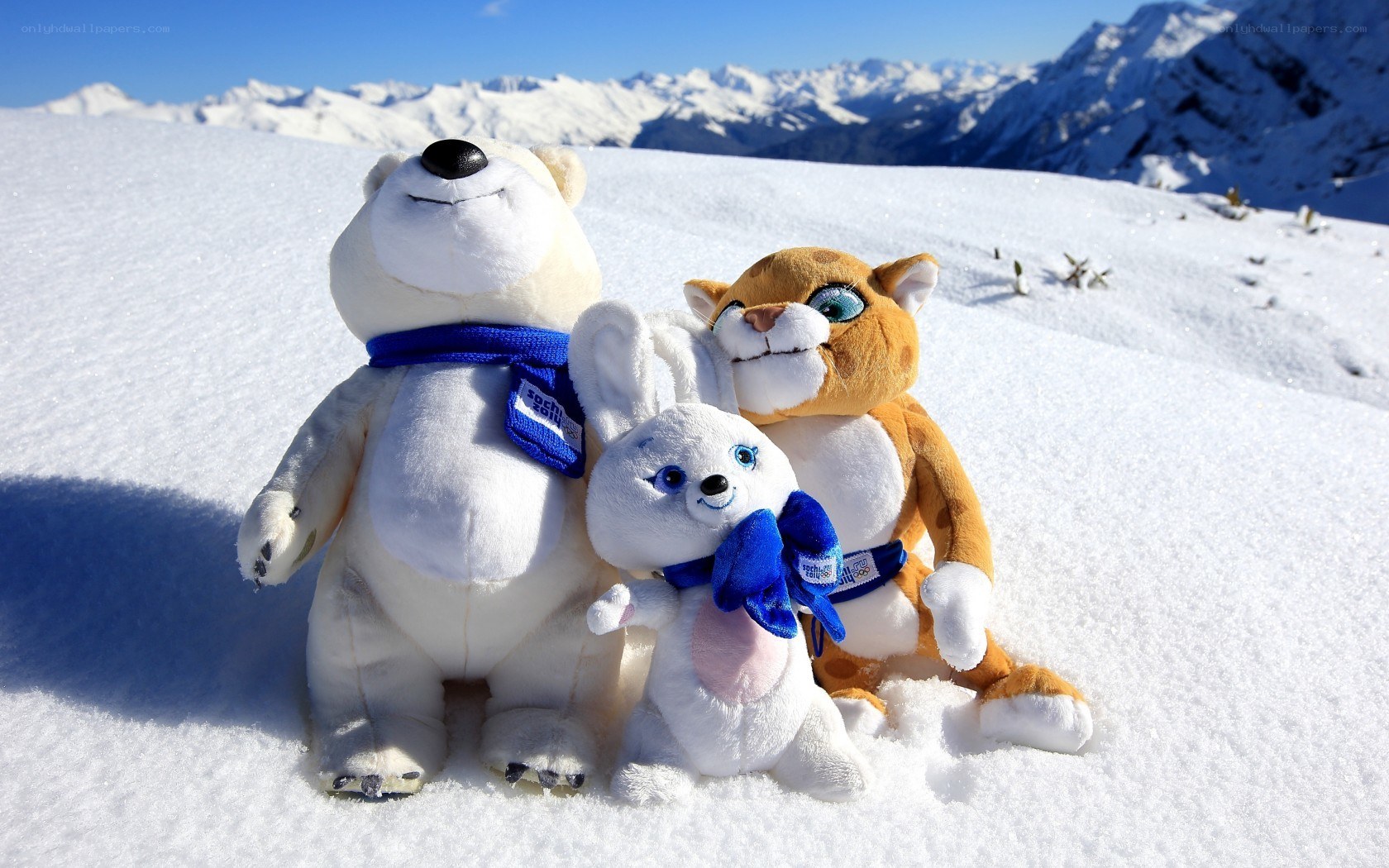 Stuffed animals in snowy mountains