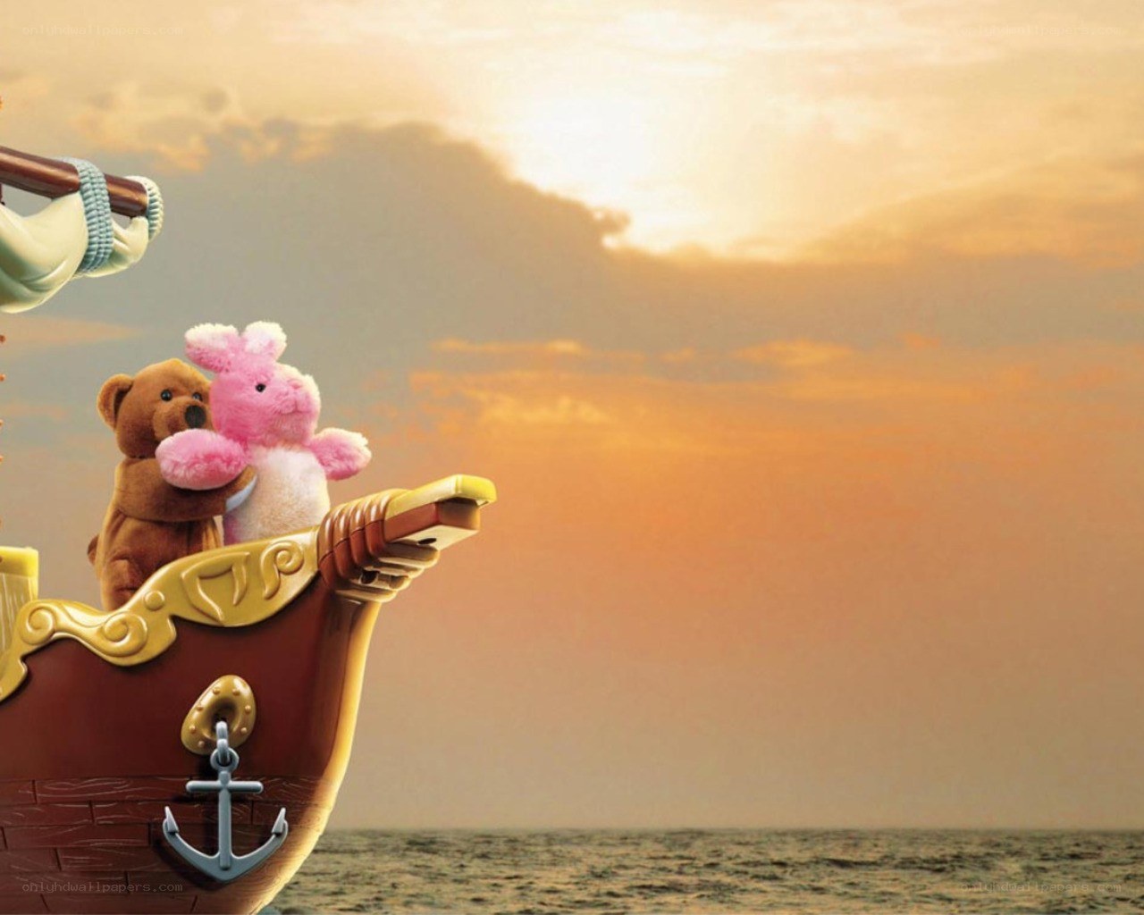 Stuffed animals on a ship