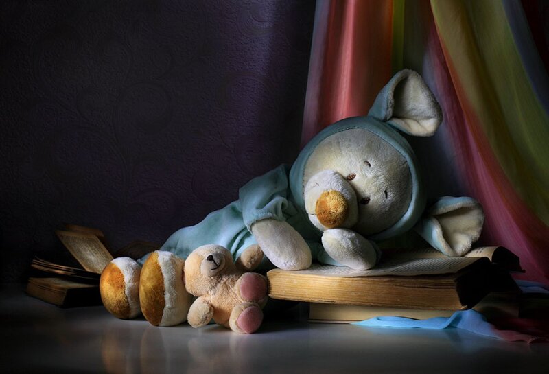 Stuffed Animals on Books — Blue