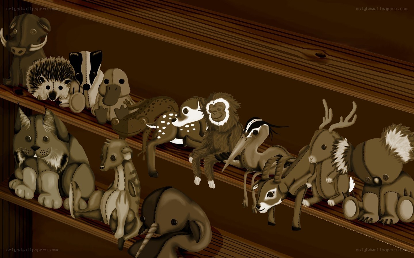 stuffed animals on shelves