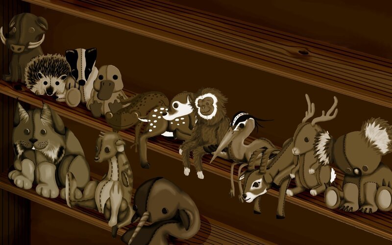 Stuffed Animals on Shelves — Brown