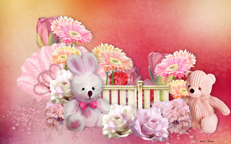 Stuffed Animals with Flowers — Pink