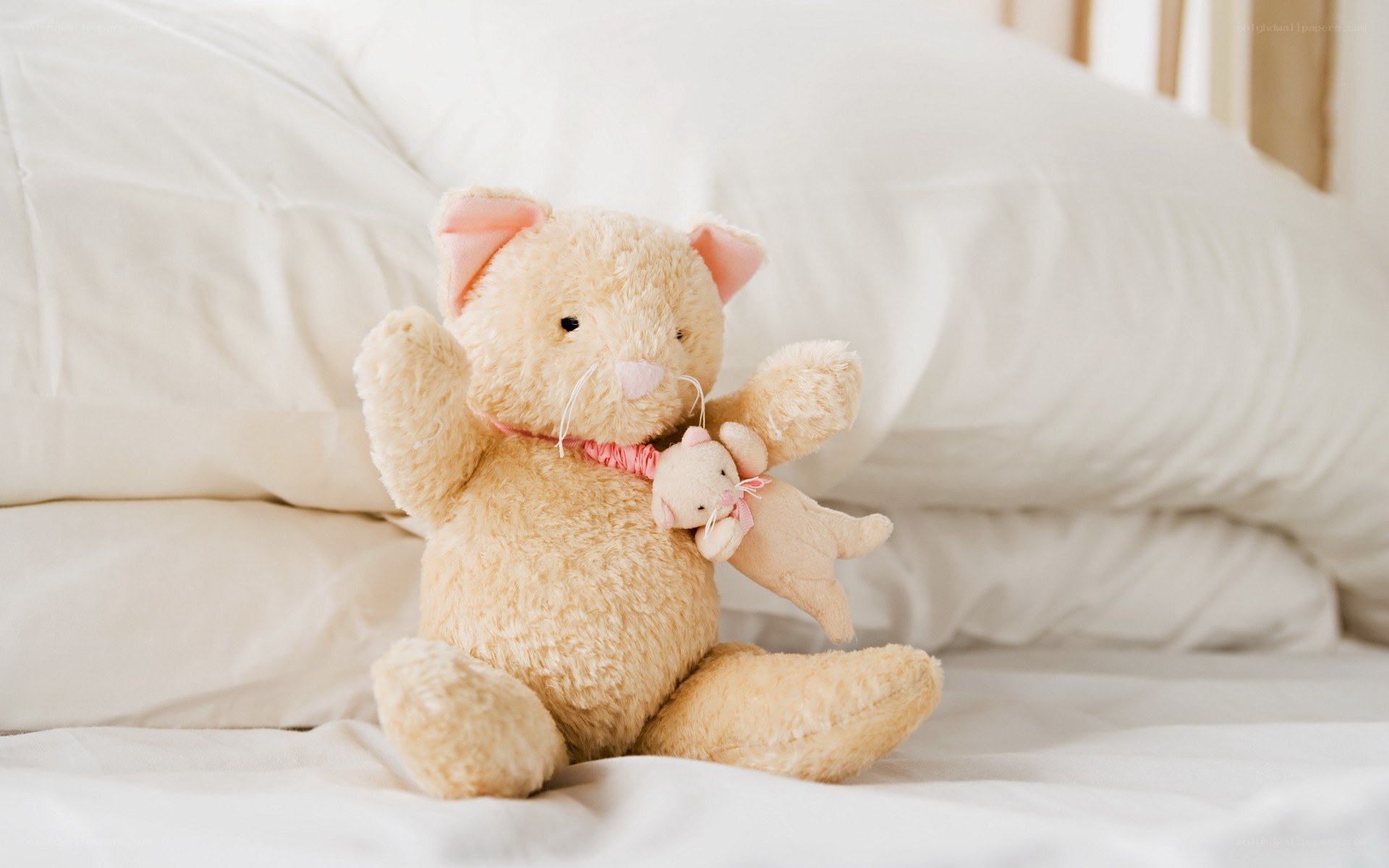 Stuffed cat holding a mouse