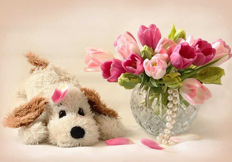 Stuffed Dog with Tulips