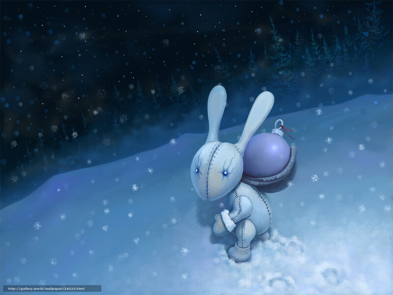 Stuffed rabbit in snowy night