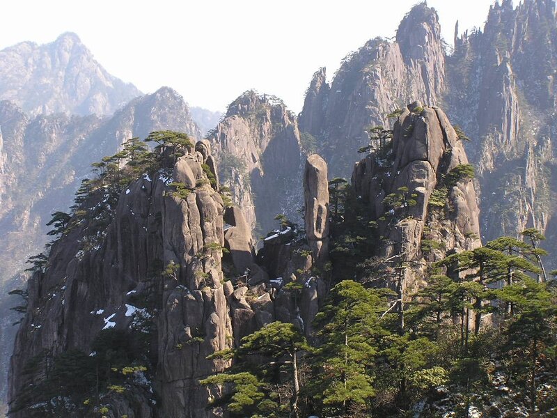 Stunning mountain peaks with pine trees