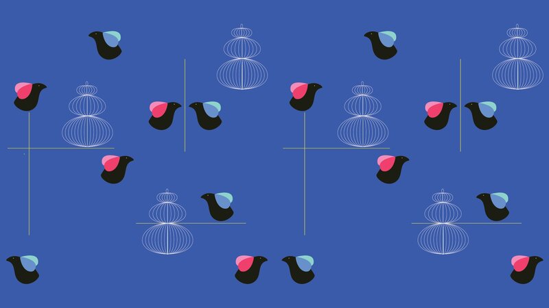 Stylized Birds and Cages — Blue