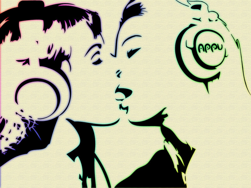 stylized cartoon couple kissing